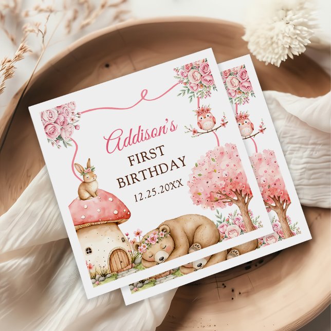 Woodland Animals Girl 1st Birthday Party Napkin (Creator Uploaded)