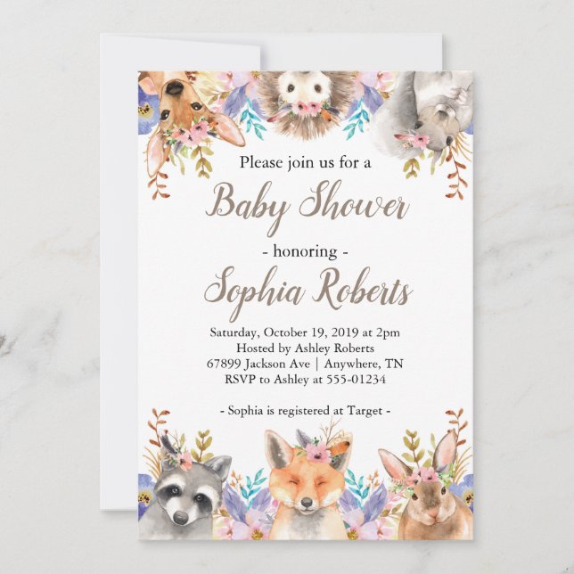 Woodland Animals Girl Baby Shower Invitation (Front)