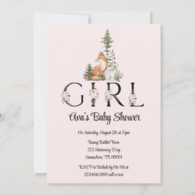 Woodland Animals Girl Baby Shower Invitation (Front)
