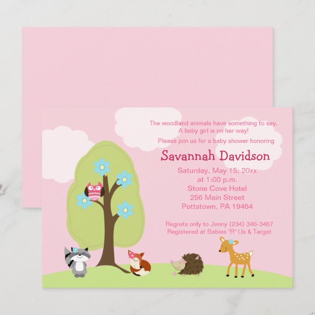 Woodland Animals Girl Baby Shower Invitation (Front/Back)