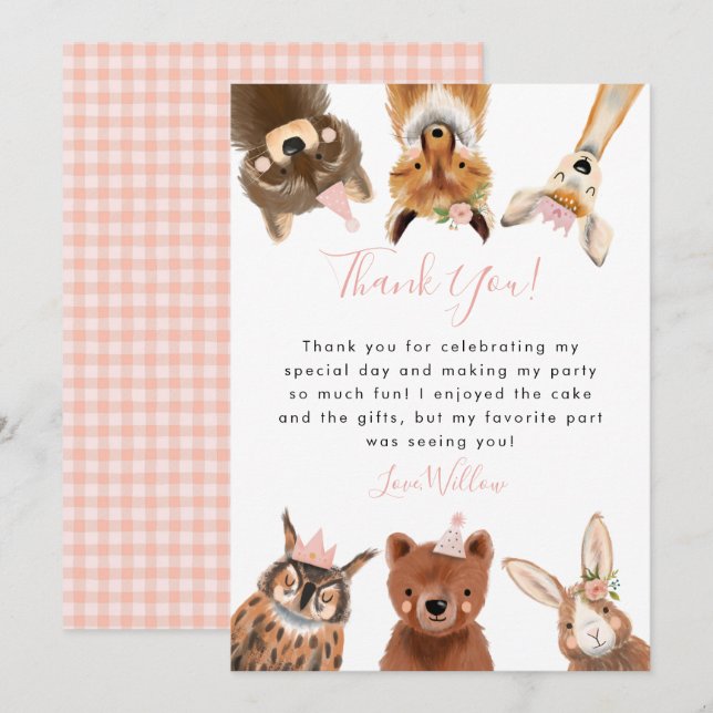 Woodland Animals Girl Birthday Party   Thank You Card (Front/Back)