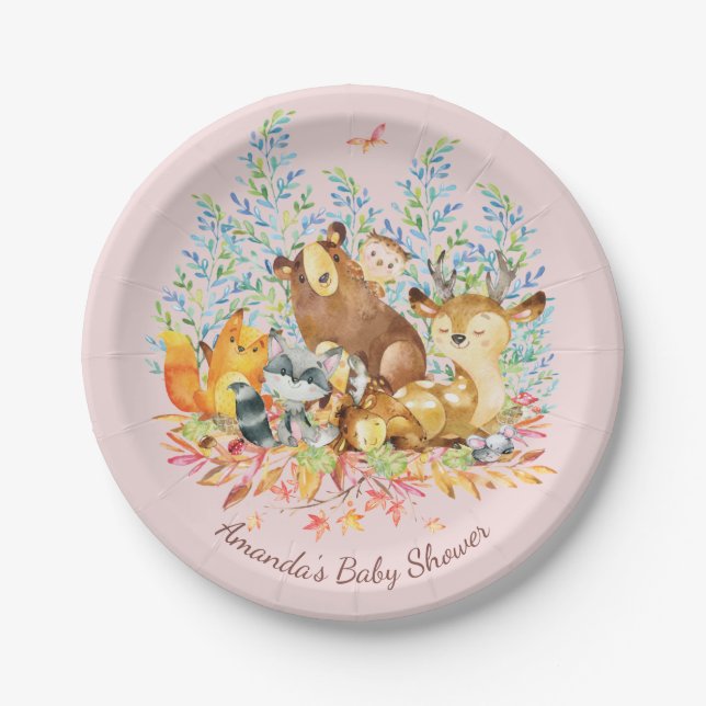 Woodland Animals Girls Baby Shower 7" Plate (Front)