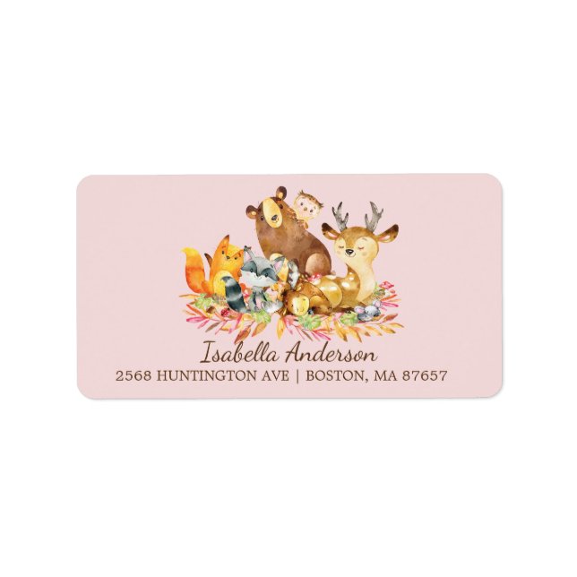 Woodland Animals Girls Baby Shower Address Label (Front)