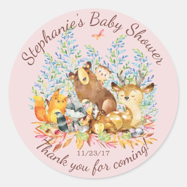 Woodland Animals Girls Baby Shower Favour Sticker (Front)