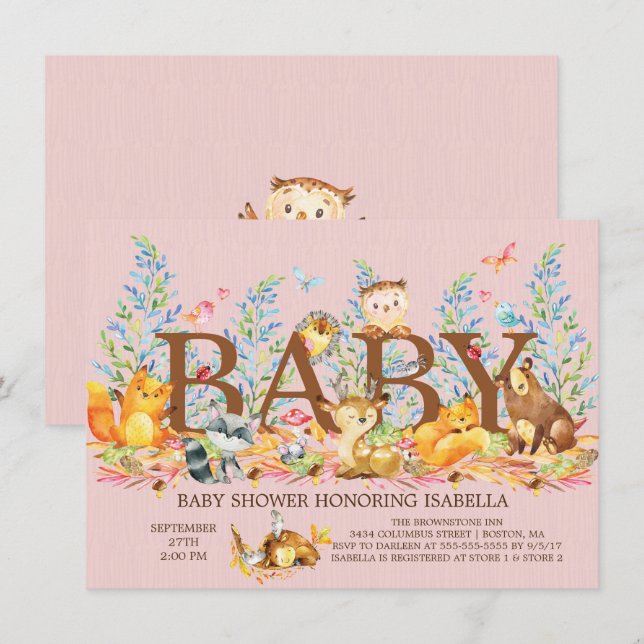 Woodland Animals Girls Baby Shower Invitation (Front/Back)