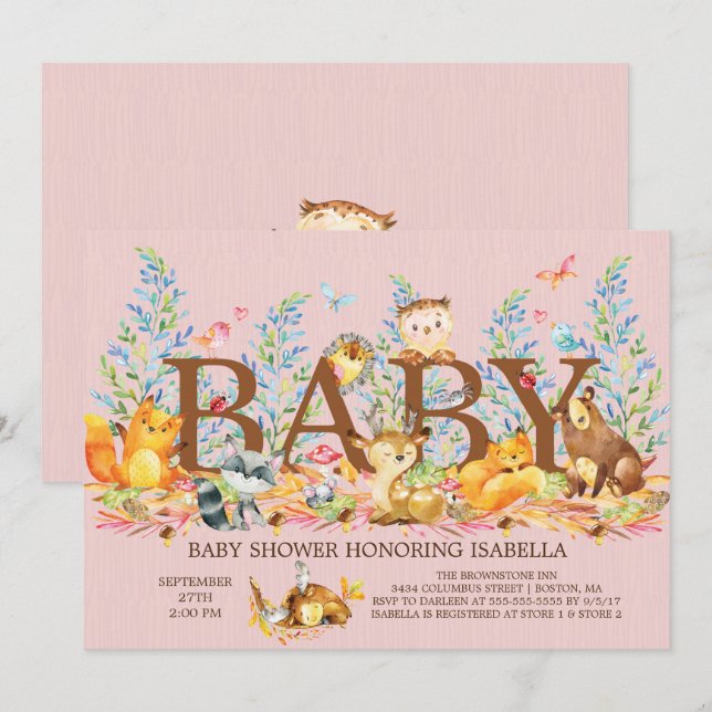 Woodland Animals Girls Baby Shower Invitation (Front/Back)