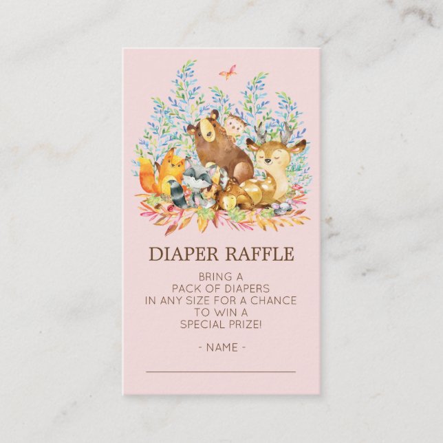 Woodland Animals Girls Shower Diaper Raffle Ticket Enclosure Card (Front)