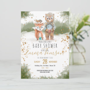 Woodland animals gold glitter Baby Shower Announcement