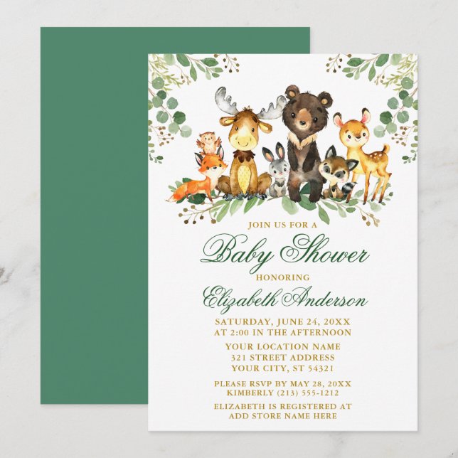 Woodland Animals Gold Green Baby Shower Invitation (Front/Back)