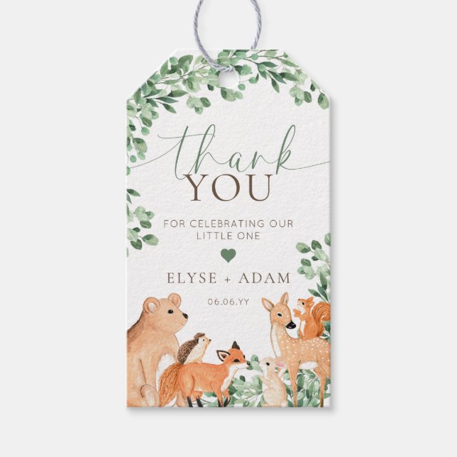 Woodland Animals Green Baby Shower Favour Tag (Front)