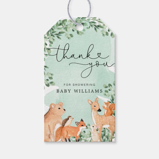 Woodland Animals Green Baby Shower Favour Tag (Front)