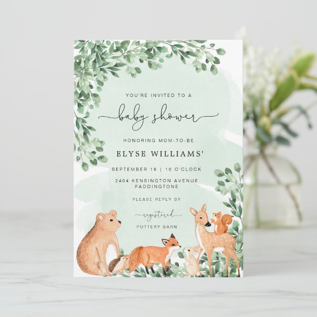 Woodland Animals Green Baby Shower Invitation (Standing Front)