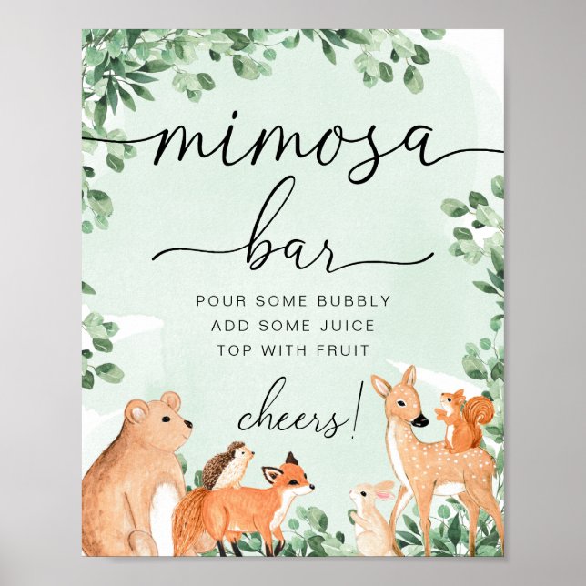 Woodland Animals Green Baby Shower Mimosa Bar Sign (Front)