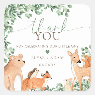 Woodland Animals Green Baby Shower Thank You Square Sticker