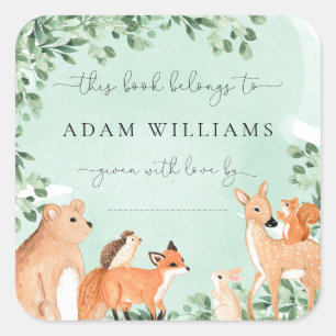 Woodland Animals Green Bookplate Sticker