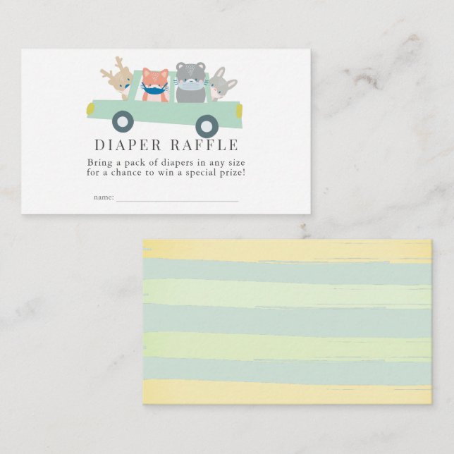 Woodland Animals Green Car Diaper Raffle Ticket Enclosure Card (Front/Back)