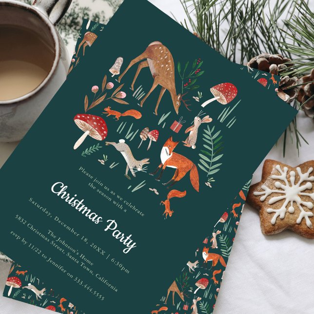 Woodland Animals Green Christmas Party Invitation (Woodland Animals Green Christmas Party Invitation)
