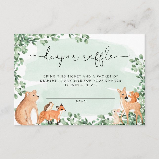 Woodland Animals Green Diaper Raffle Ticket Enclosure Card (Front)