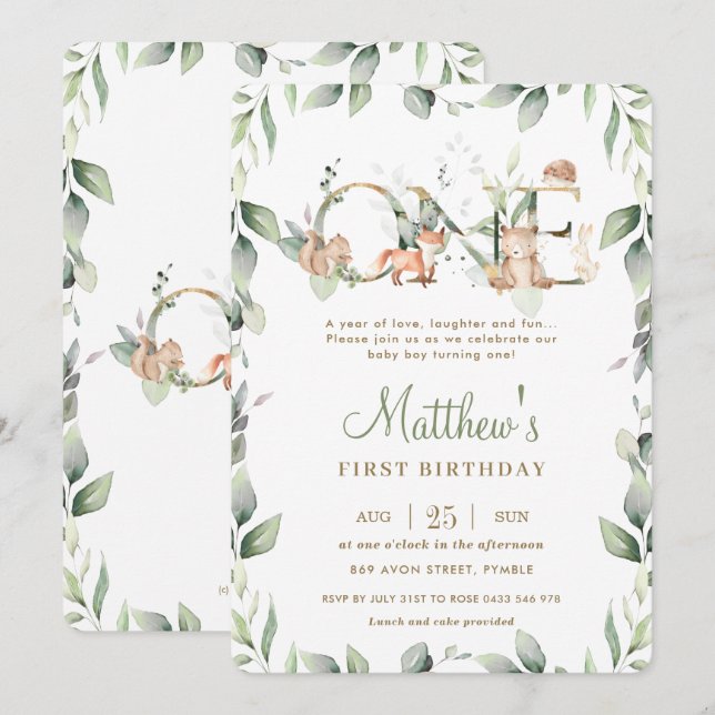 Woodland Animals Greenery 1st Birthday Boy Girl Invitation (Front/Back)