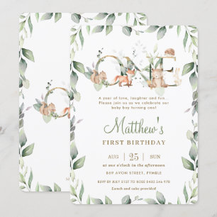 Woodland Animals Greenery 1st Birthday Boy Girl Invitation