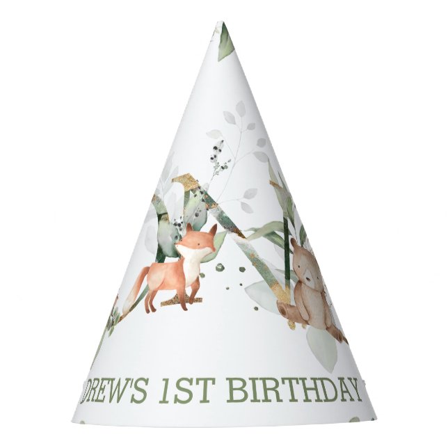 Woodland Animals Greenery 1st Birthday Boy Girl Party Hat (Front)