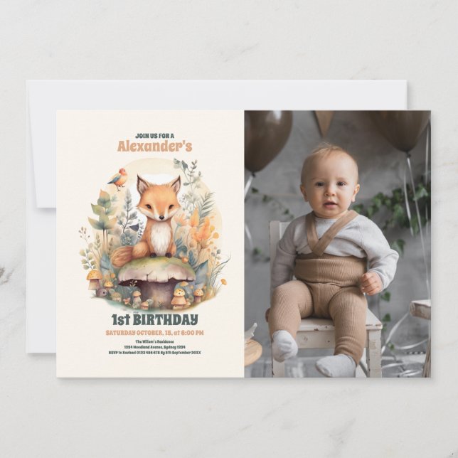 Woodland Animals Greenery 1st Birthday Photo Invitation (Front)