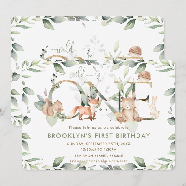 Woodland Animals Greenery 1st Birthday Wild One Invitation (Front/Back)