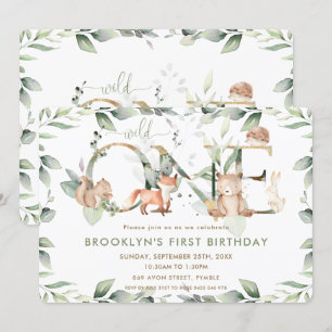 Woodland Animals Greenery 1st Birthday Wild One Invitation
