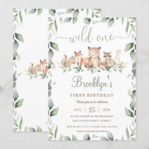 Woodland Animals Greenery 1st Birthday Wild One Invitation