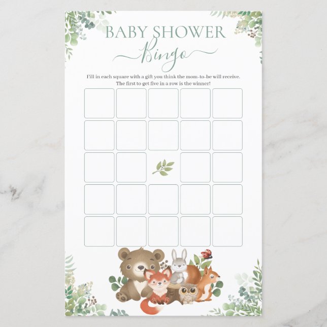 Woodland Animals Greenery Baby Shower Bingo Game (Front)