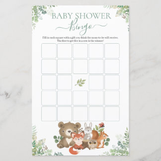 Woodland Animals Greenery Baby Shower Bingo Game