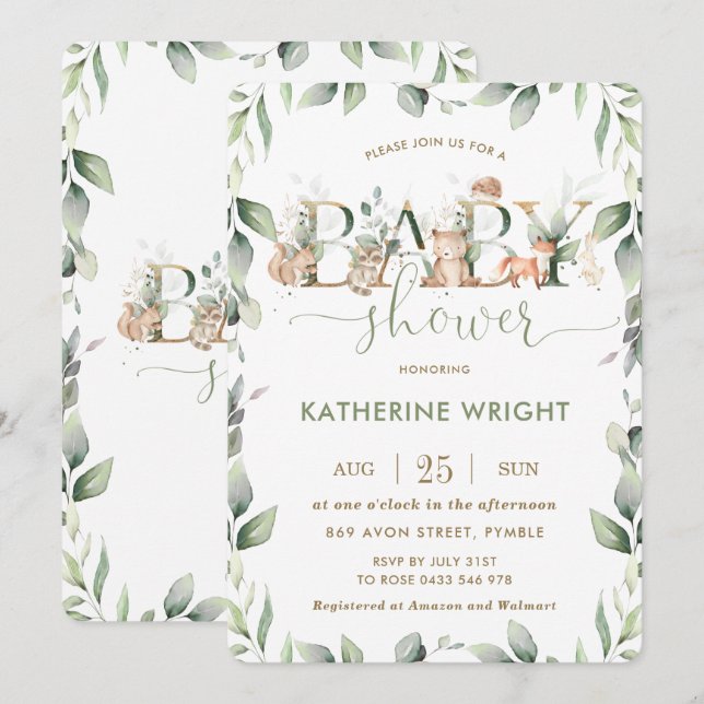 Woodland Animals Greenery Baby Shower Boy Girl Invitation (Front/Back)