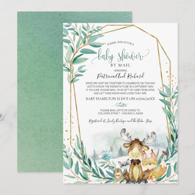 Woodland Animals Greenery Baby Shower By Mail Invitation (Front/Back)