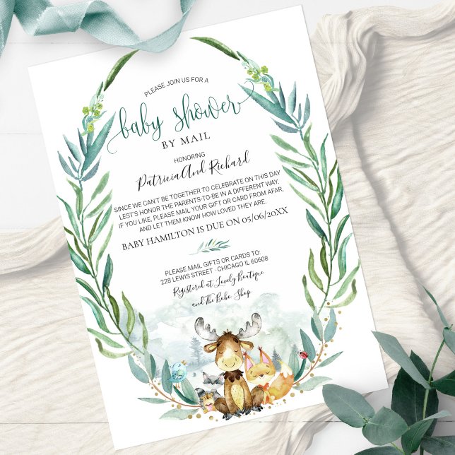 Woodland Animals Greenery Baby Shower By Mail Invitation (Creator Uploaded)