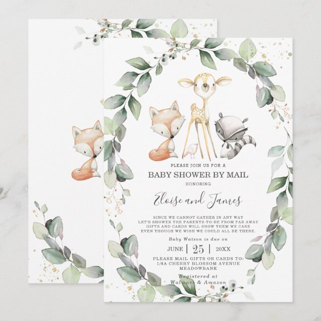 Woodland Animals Greenery Baby Shower by Mail Invitation (Front/Back)
