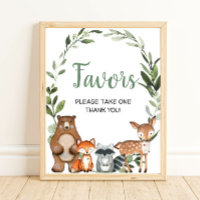 Woodland animals greenery baby shower favours sign