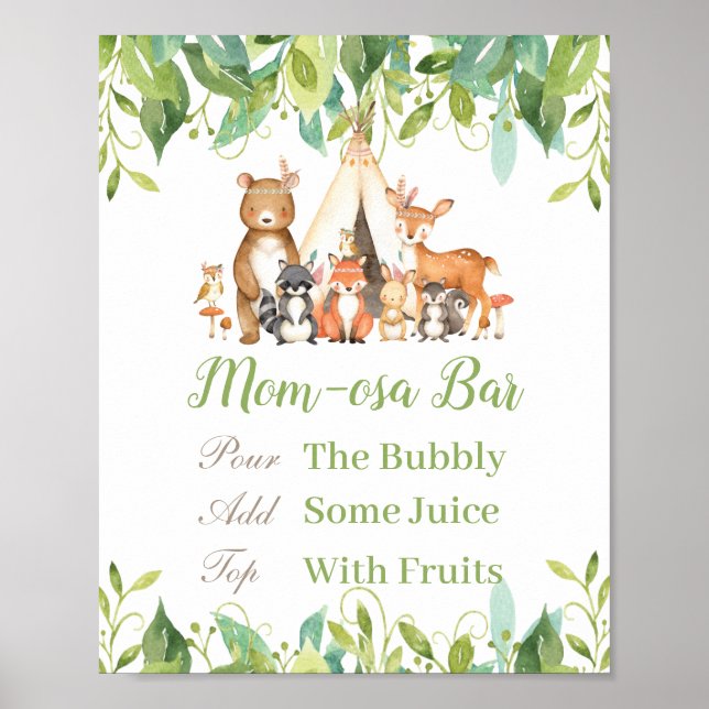 Woodland Animals Greenery Baby Shower Momosa Bar Poster (Front)