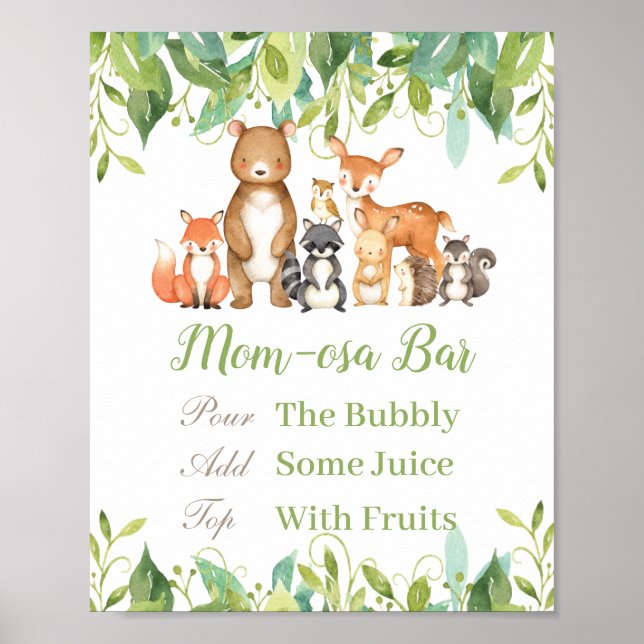 Woodland Animals Greenery Baby Shower Momosa Bar Poster (Front)