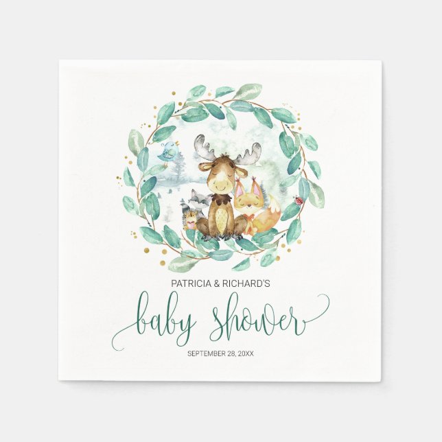 Woodland Animals Greenery Baby Shower Napkin (Front)