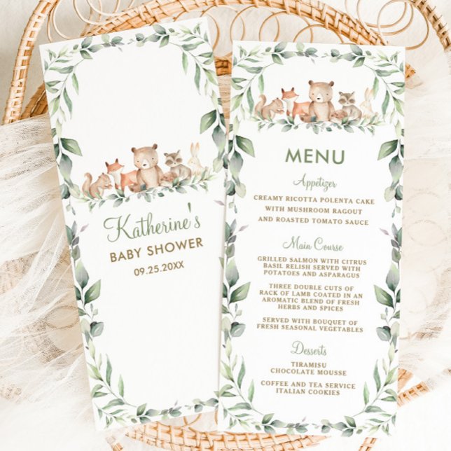Woodland Animals Greenery Baby Shower Party Menu (woodland animals greenery bear fox raccoon squirrel rabbit gender neutral baby shower birthday menu)