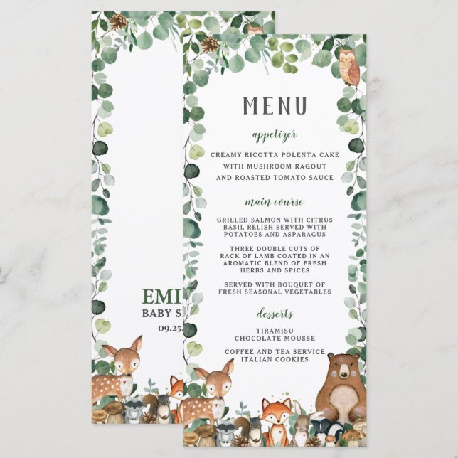 Woodland Animals Greenery Baby Shower Party Menu (Front/Back)