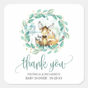 Woodland Animals Greenery Baby Shower Thank You Square Sticker