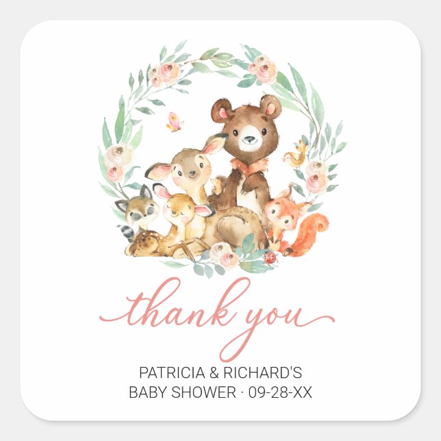 Woodland Animals Greenery Baby Shower Thank You Square Sticker (Front)