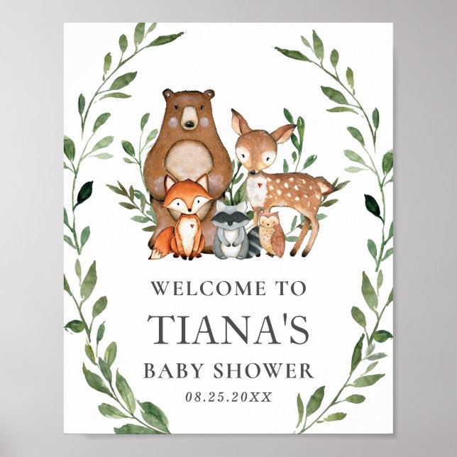 Woodland Animals Greenery Baby Shower Welcome Sign (Front)