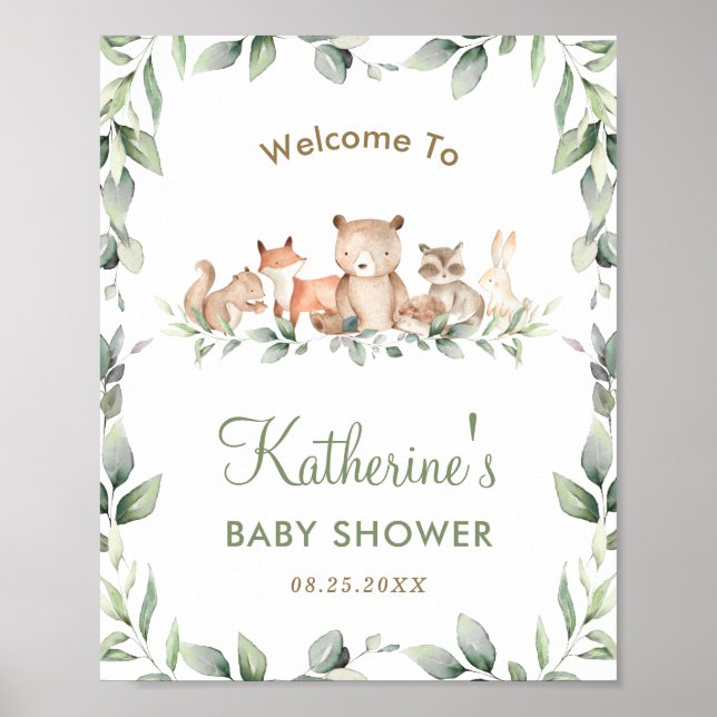 Woodland Animals Greenery Baby Shower Welcome Sign (Front)