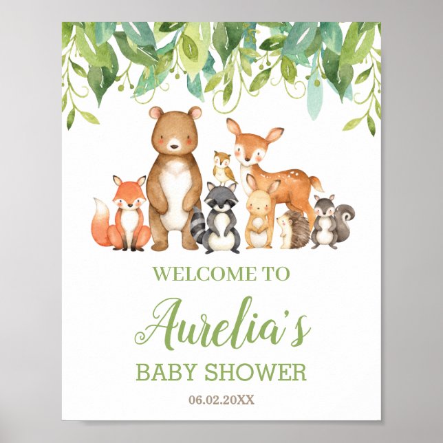 Woodland Animals Greenery Baby Shower Welcome Sign (Front)