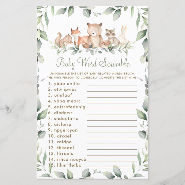 Woodland Animals Greenery Baby Word Scramble Game (Front)