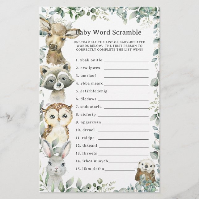Woodland Animals Greenery Baby Word Scramble Game (Front)