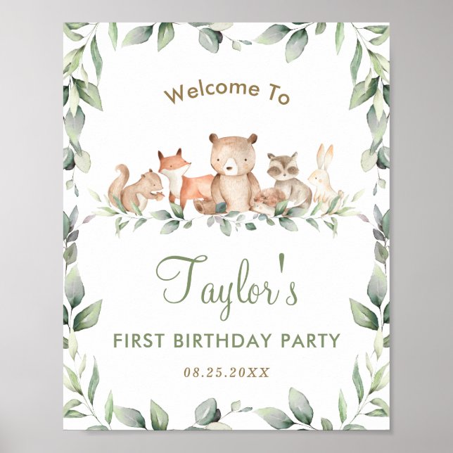 Woodland Animals Greenery Birthday Welcome Sign (Front)