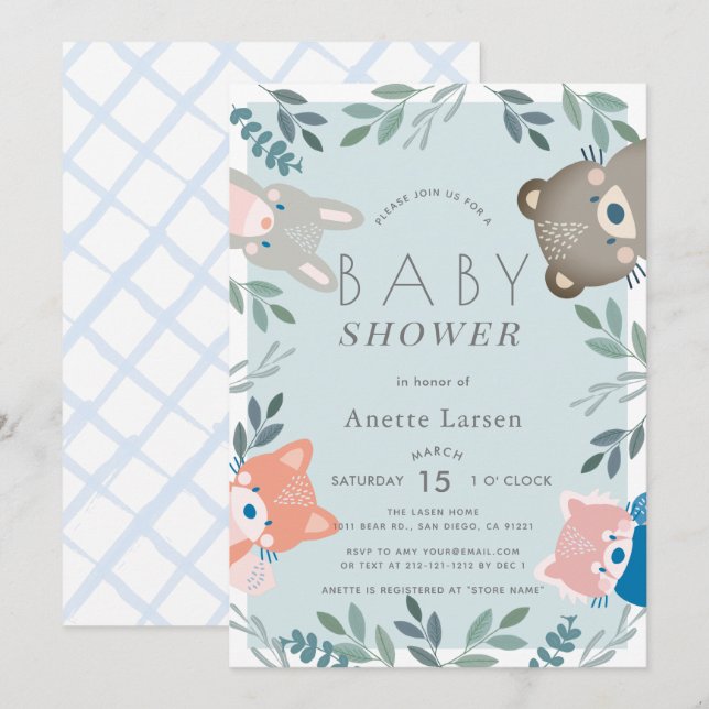 Woodland Animals Greenery Blue Boy Baby Shower Invitation (Front/Back)